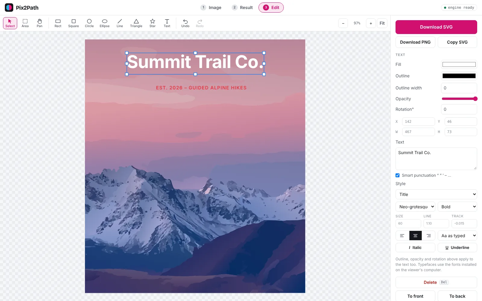 The Pix2Path editor with a converted image, a selected text box and the text style panel